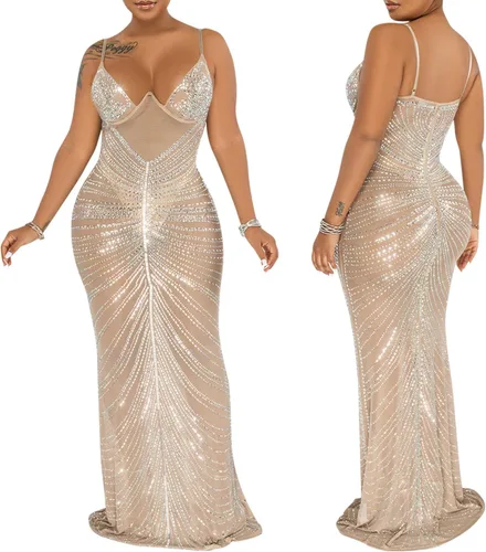 Vista 3 de PORRCEY Vestidos de noche para mujer, sexy, elegante, con diamantes de imitación, sin mangas, para fiesta, club, perforación en caliente