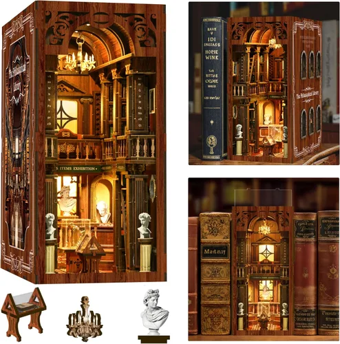 Vista 20 de ISSEVE Kit de Rincón de Libros, Rompecabezas de Madera 3D DIY Casa de Muñecas Booknook para Adultos, Kit de Casa en Miniatura Diminuta Decoración