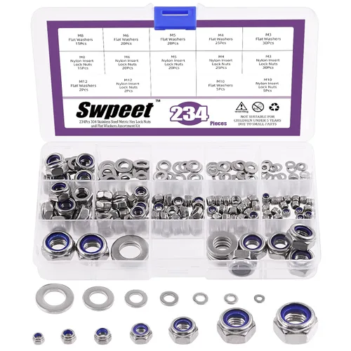 Vista 9 de Swpeet 45 piezas de tuercas de bloqueo hexagonales de acero inoxidable SAE 304 de 1/2"-13, arandelas planas de 1/2", kit surtido de arandelas