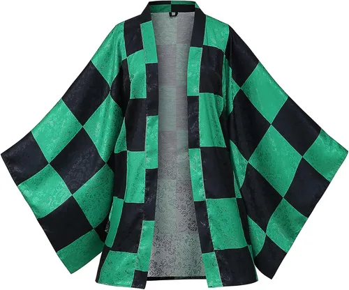 Vista 2 de Tanjiro Haori kimono Cosplay Costume - MIAQIWUYU Anime Kamado Tanjirou Kimono Haori Role Cloak Jacket Cardigan Earrings