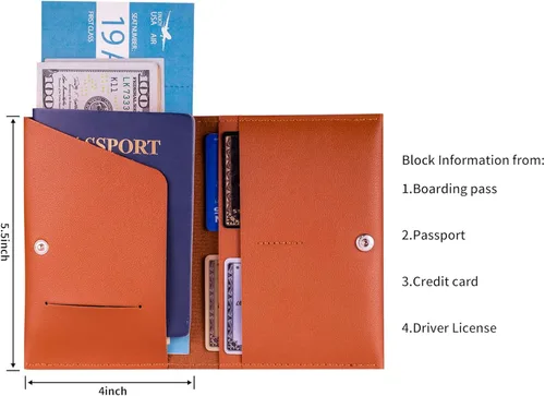 Vista 4 de Funda para pasaporte para pasaporte de viaje para mujer, cartera de viaje esencial para hombres y familia. Marrón y negro