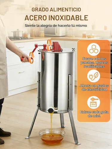 Vista 3 de FOHERE Extractor de miel de 3 marcos, equipo de apicultura manual de acero inoxidable de grado alimenticio, centrífuga de piarés con soporte