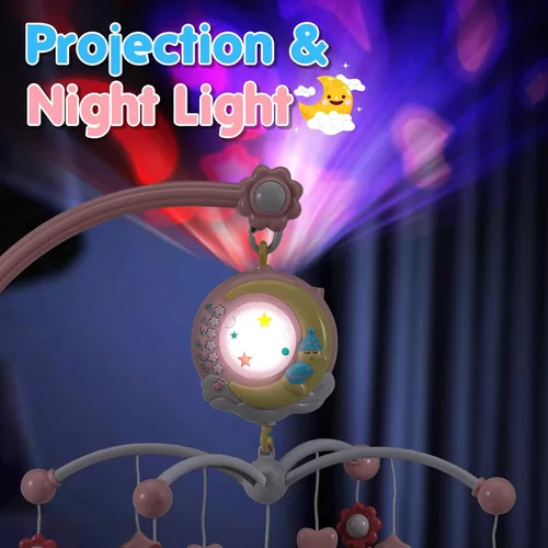 Vista 3 de BOBXIN - Móvil para cuna para bebé niña con 150 música y proyector Timing, luz nocturna, sonajero y caja musical para llevar, control remoto, cuna