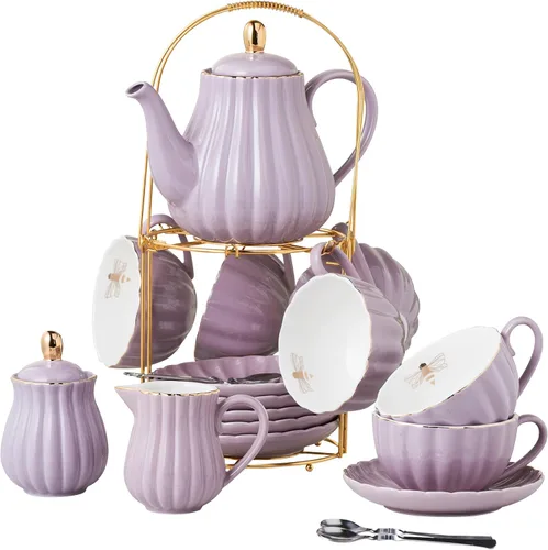 Vista 12 de CLAY TONIC- Juego de tazas de té y café de porcelana fina púrpura de 8 oz, tazas y platillos, con tetera, azucarero, jarra para crema, cucharaditas