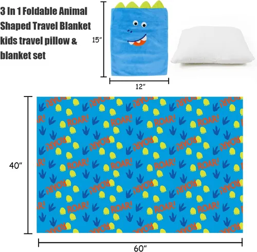 Vista 3 de Juego de almohada y cobija de viaje 3 en 1 para niños - 102x152cm, almohada de felpa con calentador de manos, cobija con diseño de dinosaurio