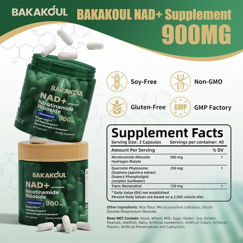 Vista 2 de BAKAKOUL Suplemento NAD – Ribosida de nicotinamida liposomal, resveratrol, quercetina, NAD nicotinamida ribósido resveratrol 900 mg, suplemento NAD+