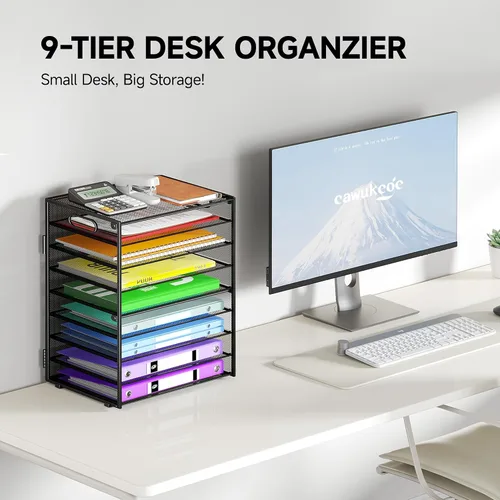 Vista 2 de Cawukege Organizador de papel de 9 niveles con asa, organizador de escritorio de gran capacidad, carpeta de archivos de malla, bandeja de papel