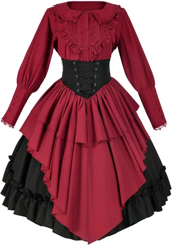 Vista 7 de Vestido victoriano para mujer, conjunto de 2 piezas, falda steampunk, disfraz gótico vintage Two-piece set, adjustable waist, lace trim on cuffs