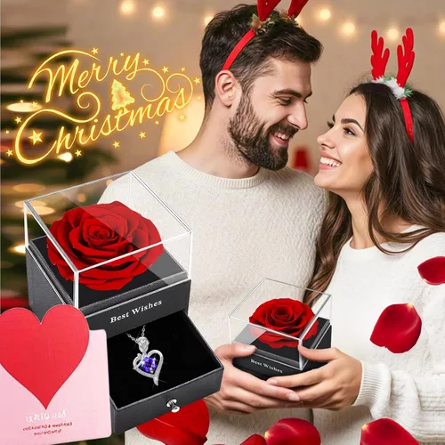 Vista 2 de Forever Rose - Caja de regalo con collar – Rosa eterna real con collar de plata de ley 925 en el interior, flor de rosa real encantada para el día