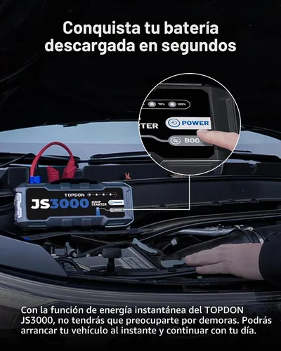 Vista 4 de TOPDON Arrancador de batería de coche JS3000, 3000A, modo de impulso, 9L Negro oscuro