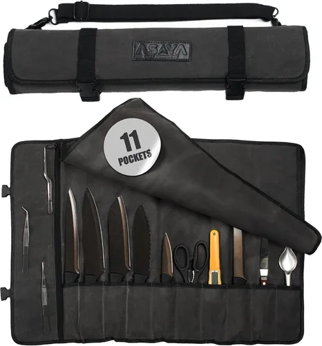 Vista 8 de Asaya - Bolsa enrollable de lona para cuchillos de chef - 10 ranuras para cuchillos y un gran bolsillo con cremallera - Funda duradera de lona