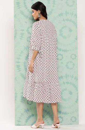 Vista 7 de Janasya Vestido de playa de algodón blanco para mujer, estilo casual, estampado floral, cuello mandarín, bohemio, manga atada, para playa