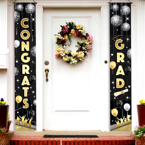 Vista 10 de KatchOn, Pancarta grande de graduación negro y dorado 2025 – 72 x 12 pulgadas Cartel de felicitación de graduación 2025 para decoraciones