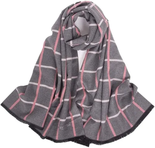 Vista 2 de Suzy Levian Bufanda de invierno a rayas geométricas grises y rosas para mujer, Rosado