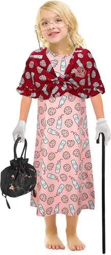 Vista 4 de 20 piezas de disfraz de anciana de Halloween para abuela, peluca de abuelita, vestido de tatuajes antiarrugas con rodillos, gafas de caña y collar