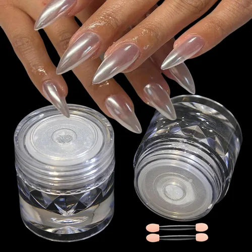 Vista 13 de 2 piezas de polvo de uñas cromo blanco lunar, polvo de brillo de uñas efecto espejo perlado mágico, pigmento cromo perla para decoración de uñas 2