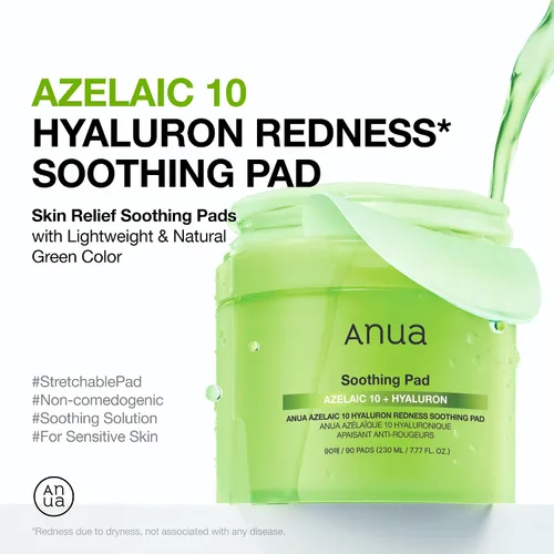 Vista 2 de ANUA Ácido azelaico 10 almohadillas de tóner calmantes de ácido hialurónico, mascarilla facial hidratante para el cuidado de enrojecimiento, poros
