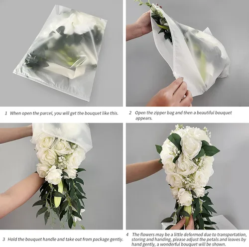 Vista 7 de Ramo de novia romántico, ramo de novia en cascada, rosas artificiales para boda, iglesia