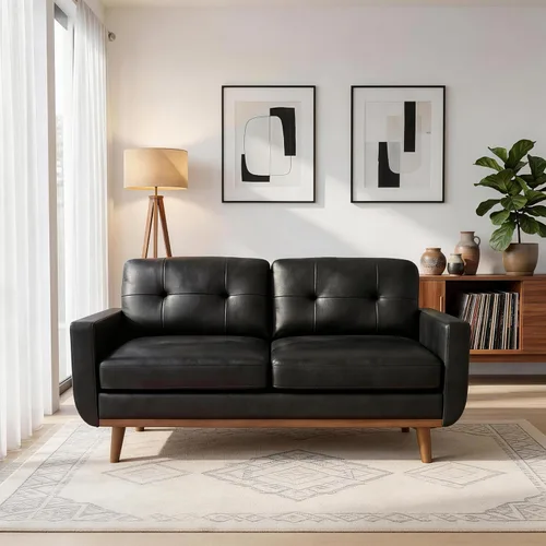 Vista 3 de 65 inch Wide Loveseat Sofa, Mid Century Modern Small Room Couch with Solid Wood Legs Button Tufted Upholstered Sofa for Living Room Bedroom (Black)