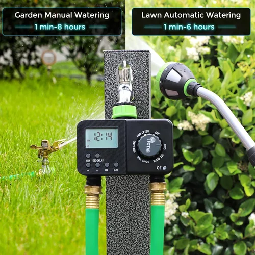 Vista 5 de Temporizador de rociador para manguera de jardín, temporizador de agua de 2 zonas, sistema de riego automático, duración de riego es de 1 min-6 h