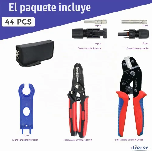 Vista 2 de Kit de herramientas de prensado de paneles solares fotovoltaicos con pelacargas y 10 pares de conectores solares y 1 par de llaves de conector