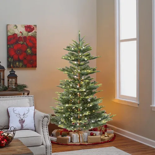 Vista 13 de Liguanow Árbol de Navidad artificial preiluminado de 7 pies con 400 luces LED blancas cálidas, árbol de Navidad delgado realista con bisagras y Azul