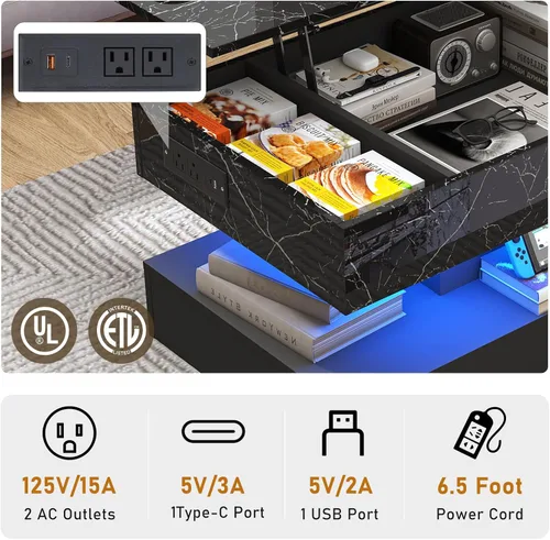 Vista 5 de chartustriable Mesa de Centro Grande de 39.4" con Tapa Elevable y Estación de Carga, Mesa Central LED Moderna de Alto Brillo con Compartimento