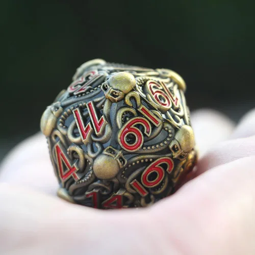 Vista 4 de Dados de metal D20 con diseño intrincado de pulpo, acabado antiguo y números rojos para Call of Cthulhu, RPGs-DNDWoW BZQR