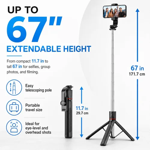 Vista 2 de Trípode desmontable para teléfono de 67 pulgadas, palo para selfie, portátil, extensible, cámara estable, fácil de selfie, con control remoto