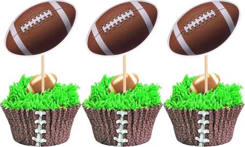 Vista 10 de 36 piezas de adornos para cupcakes de pelota de rugby, trofeo de fútbol americano, selecciones de cupcakes de fútbol americano, decoración