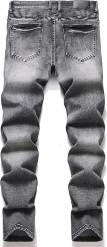 Vista 2 de XIMXIMMTIAN Jeans de mezclilla para hombre estilo motociclista, lavados, desgastados, ajustados y rectos