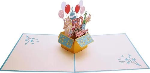 Vista 5 de iGifts And Cards Tarjeta de felicitación desplegable 3D con caja de fiesta de cumpleaños número 50 color azul – Cincuenta, impresionante, globos