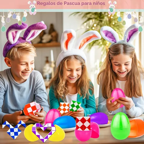 Vista 6 de Paquete de 12 huevos de Pascua rellenos con cubos de serpiente, juguetes de rompecabezas giratorios, rellenos de cesta de Pascua, regalos