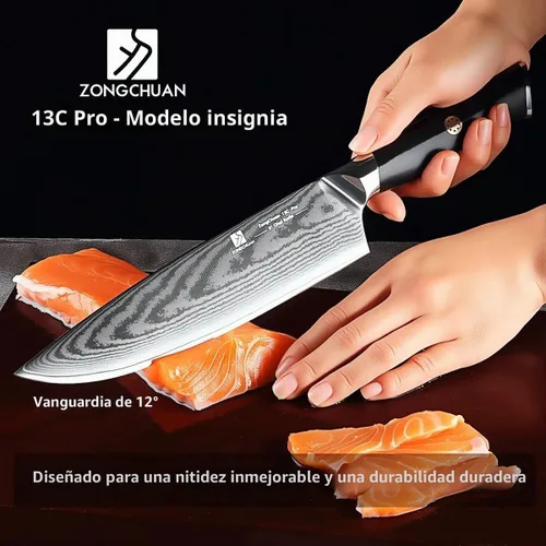 Vista 3 de Cuchillo de chef de Damasco de 8 pulgadas, cuchillo de cocina de acero inoxidable de alto carbono de 67 capas con mango ergonómico G10, funda