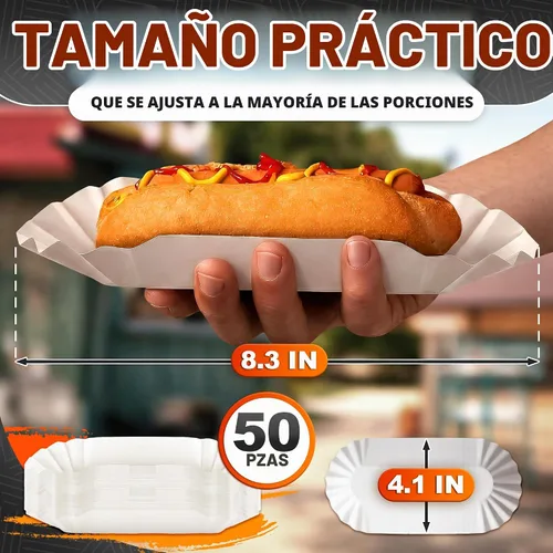 Vista 2 de 50 bandejas desechables para perros calientes para fiestas y barbacoas, bandejas de papel duraderas para perros calientes desechables para servir