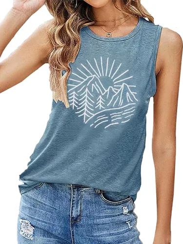 Vista 3 de Camisetas sin mangas de senderismo y montaña para mujer, divertidas camisetas de entrenamiento con gráficos de pino y amanecer, camisetas de verano