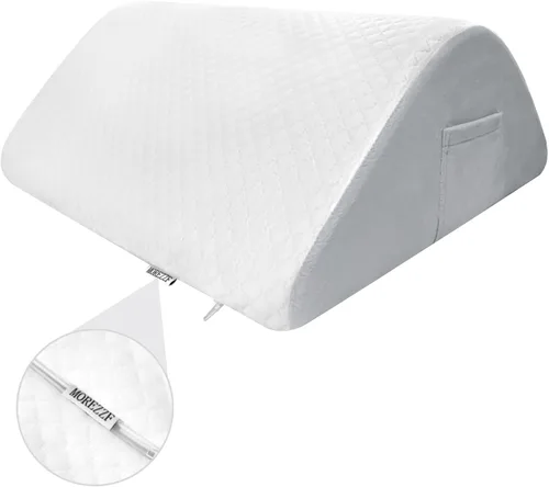 Vista 7 de Almohada de rodilla de espuma viscoelástica, funda blanca acolchada con base gris, soporte ortopédico
