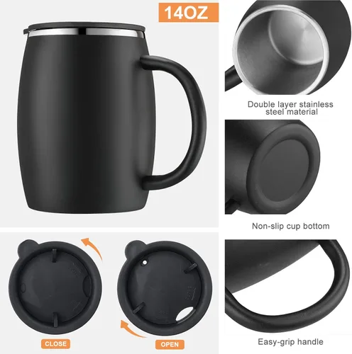Vista 3 de Taza de café aislada de acero inoxidable de 14 onzas a prueba de derrames con tapa, taza de café de viaje de doble pared con asa, tazas de café