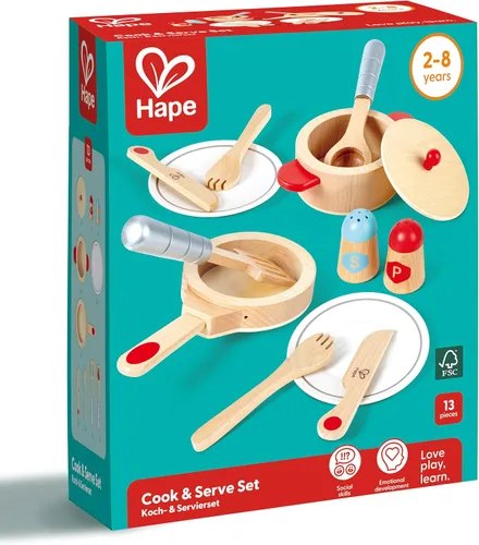 Vista 6 de Hape Cook & Serve Set Juego de cocina de madera de 13 piezas con accesorios