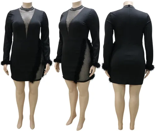 Vista 4 de IyMoo Vestido sexy de manga larga con diamantes de imitación de malla transparente para mujer, talla grande, para fiesta, club, club