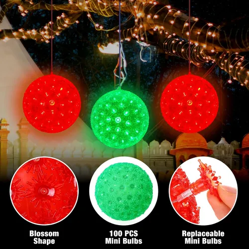 Vista 3 de Baquler 12 Adornos de Bolas de Luz Estelar de Navidad, Luces Esféricas Colgantes de 6" con 100 LED con Enchufe Apilable y Gancho en S