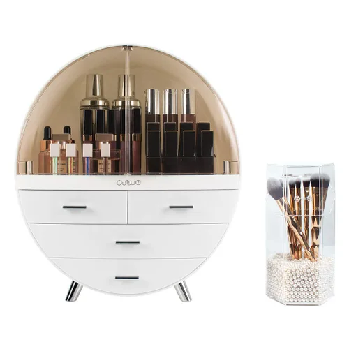 Vista 11 de Elegante caja organizadora de maquillaje a prueba de polvo, organizador de cosméticos mediano impermeable con cajones para cuidado de la piel