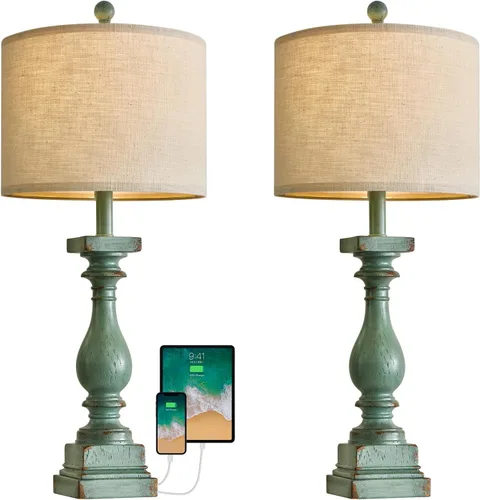 Vista 9 de BOBOMOMO Juego de 2 lámparas de mesa estilo granja de 27 pulgadas con USB A+C para dormitorio, sala de estar, lámparas vintage rústicas