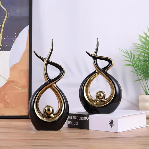 Vista 4 de Escultura moderna de cerámica abstracta dorada y negra, estatuas de Knick Knacks para sala de estar, estante, soporte de TV, mesa de café, comedor