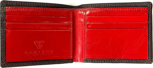 Vista 3 de Cartera para hombre de cuero de búfalo 100% con interior de contraste, Interior rojo, Cartera plegable hecha a mano