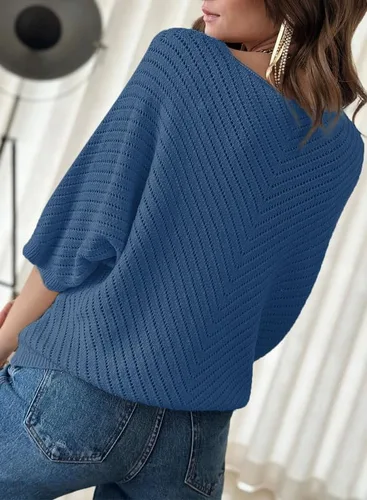 Vista 4 de Dokotoo Women's 2023 Summer Spring Casual 34 Sleeve Solid Color V Neck Loose Pullover Knit Fall Sweaters Tops