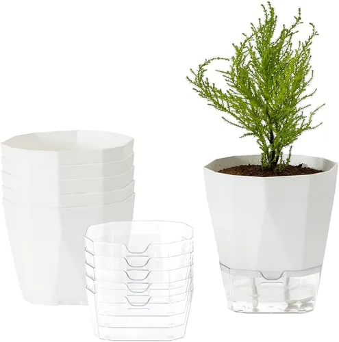 Vista 7 de Paquete de 6 macetas de plástico de 5 pulgadas con autorriego para interiores, modernas macetas decorativas para suculentas, aloe, hierbas, violetas