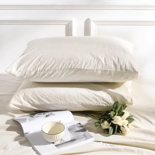 Vista 4 de NEXHOME PRO Juego de 2 fundas de almohada estándar 100% algodón orgánico, cierre de sobre, tacto de lino texturizado natural, suave y duradero