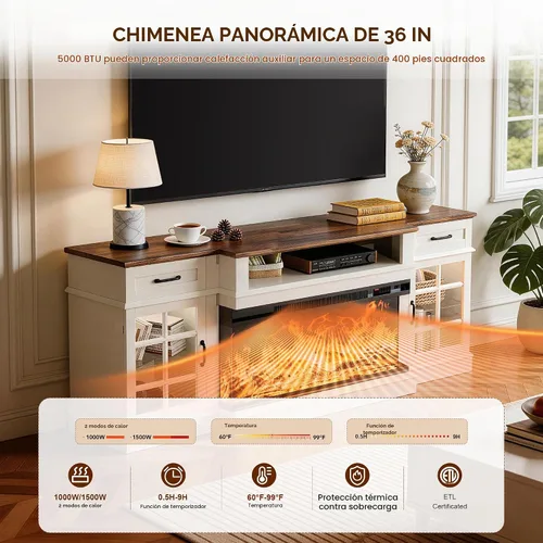 Vista 6 de MXV Soporte de TV con chimenea de 70 pulgadas, chimenea de vidrio de 3 lados y centro de entretenimiento moderno, consola multimedia de madera