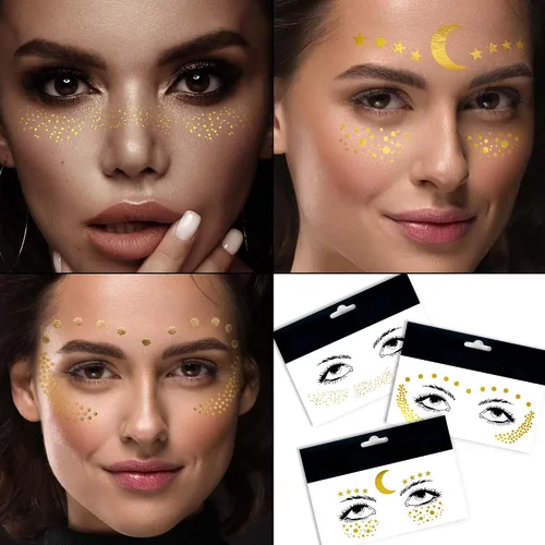 Vista 8 de 1 hoja de tatuajes faciales temporales metálicos dorados, luna celestial, estrella, pecas sintéticas, calcomanías de maquillaje, impermeables